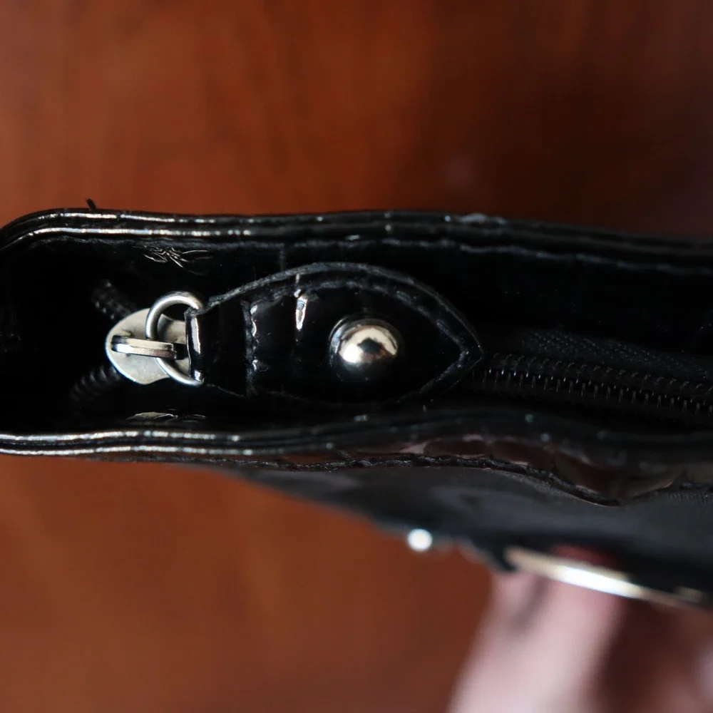 Black Hearts Pattern Y2K Crocodile Crossbody Shoulder Bag‎ Silver Buckle Vintage